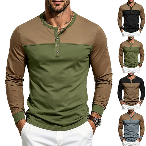 Herren Slim-Fit Henley-Langarmshirt mit Kontrastpaneel und Metallknopfleiste Drune
