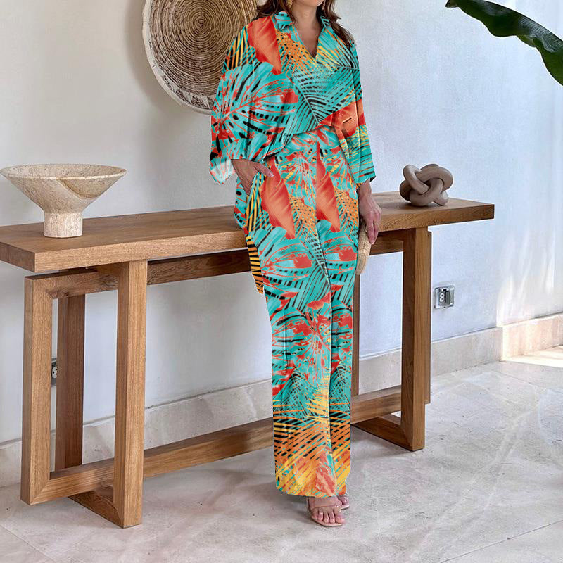 Damen Gemustertes Kimono-Lounge-Set mit weitem Palazzohose aus leichtem Viskose-Mix Drune