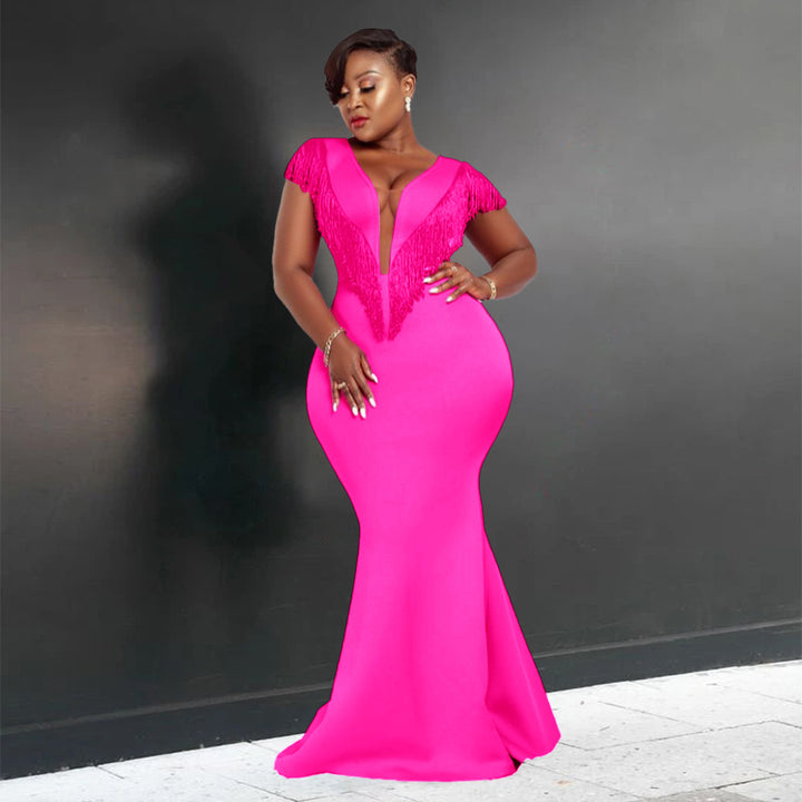 Damen figurbetontes Abendkleid mit Fransen und tiefem V-Ausschnitt Drune