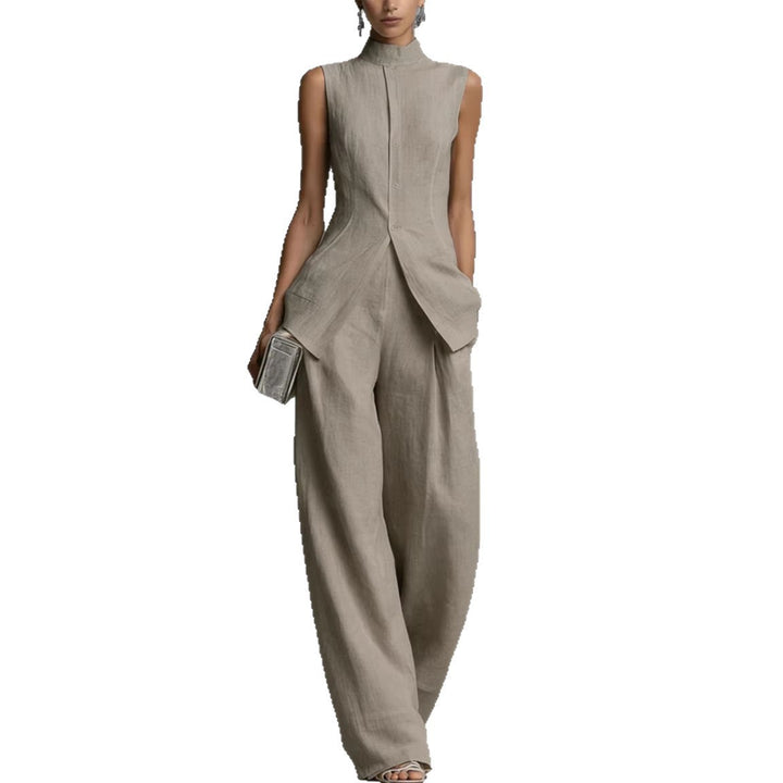 Damen Eleganter Jumpsuit mit hochgeschlossenem Kragen und weitem Bein Drune