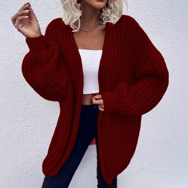 Damen lässiger Grobstrick-Cardigan mit tiefen Taschen und voluminösen Ärmeln Drune