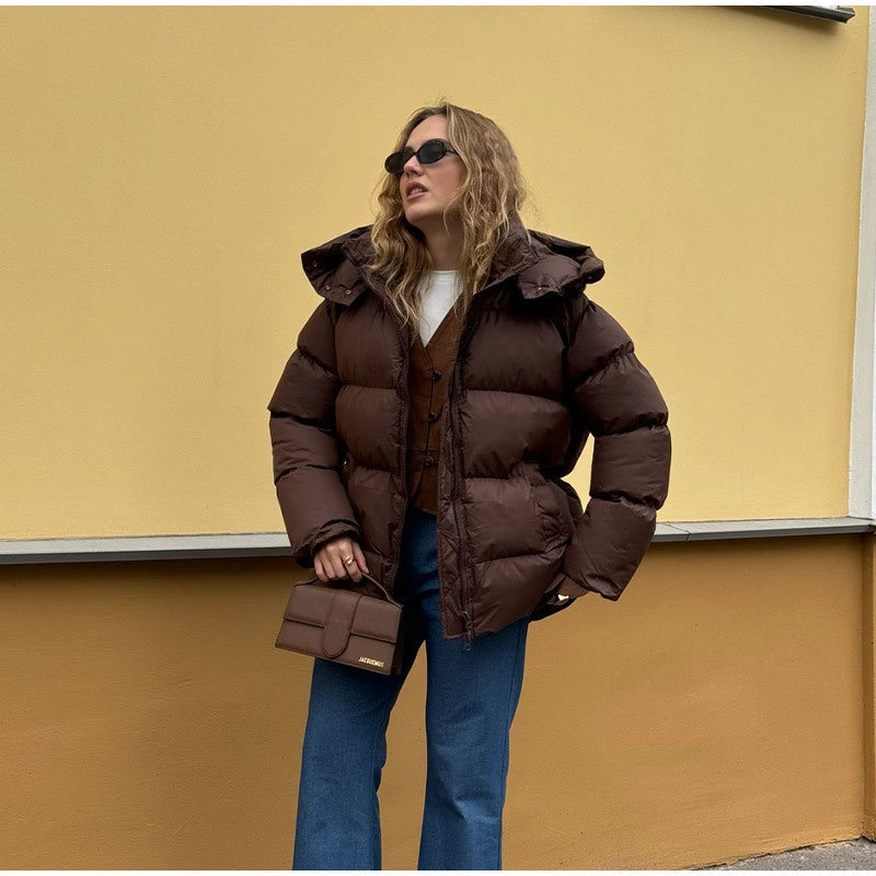 Damen Gefütterte Oversize-Steppjacke mit Volumenärmeln und abnehmbarem Kapuzenkragen Drune