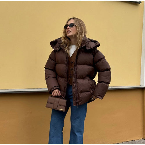Damen Gefütterte Oversize-Steppjacke mit Volumenärmeln und abnehmbarem Kapuzenkragen Drune