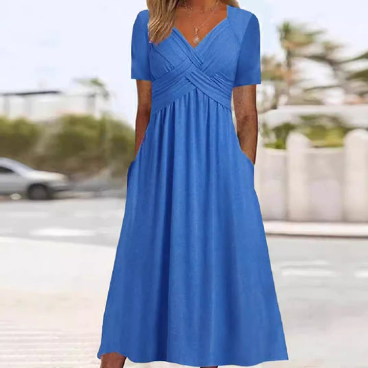 Damen nan luftiges V-Ausschnitt Midikleid mit überkreuzter Brustpartie, kurzen Ärmeln und Eingrifftaschen Drune