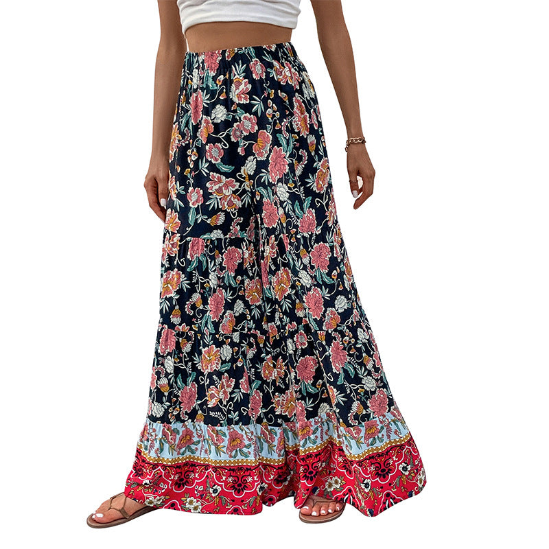 Damen Maxirock mit Stufen, elastischem Bund und floralem Boho-Print Drune