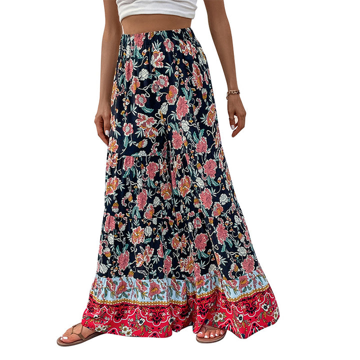 Damen Maxirock mit Stufen, elastischem Bund und floralem Boho-Print Drune