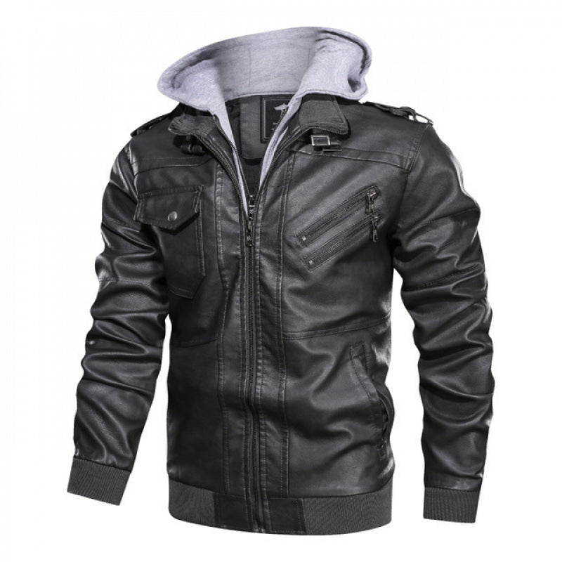 Herren Lederjacke im modernen Biker-Stil mit abnehmbarer Kapuze Drune