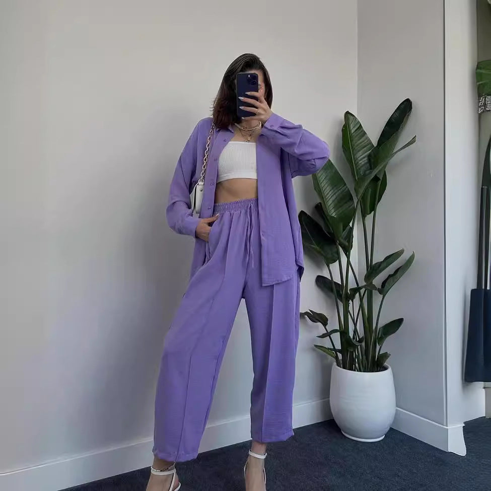 Damen Lässiges zweiteiliges Lounge-Set aus Crêpe mit Oversize-Hemd und hohem Elastikbund Drune