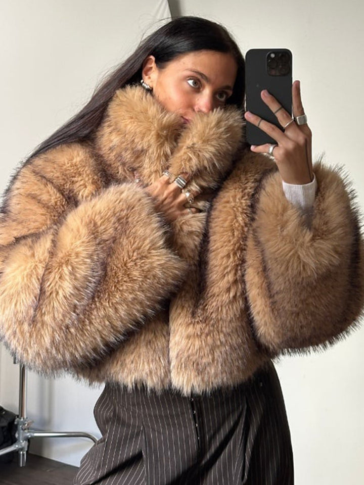 Damen Luxus-Kunstpelz-Cropped-Bomber mit Oversized-Ärmeln und hohem Schalkragen Drune
