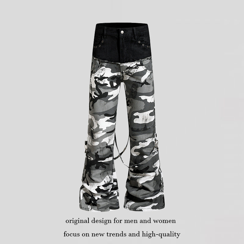 Damen Weite High‑Waist Cargohose im Camouflage‑Look mit Bondage‑Riemen Drune