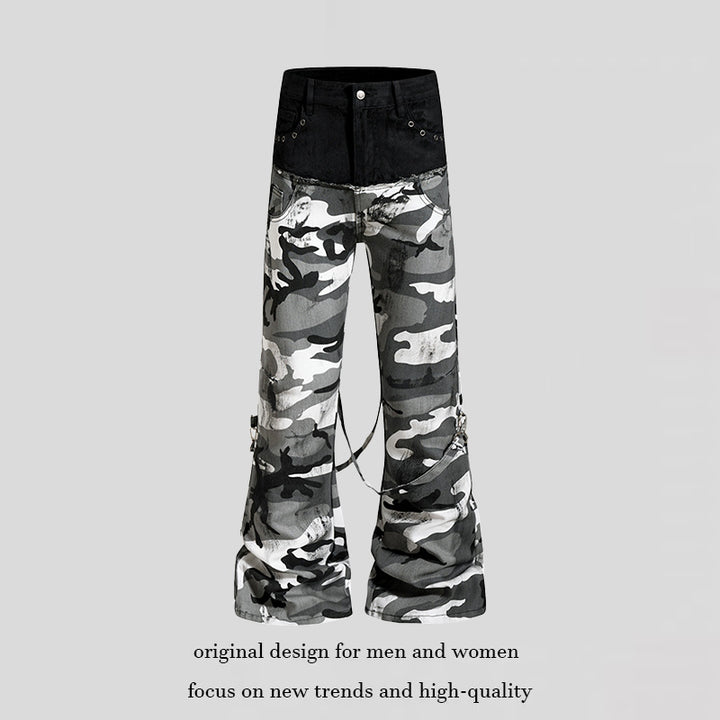 Damen Weite High‑Waist Cargohose im Camouflage‑Look mit Bondage‑Riemen Drune