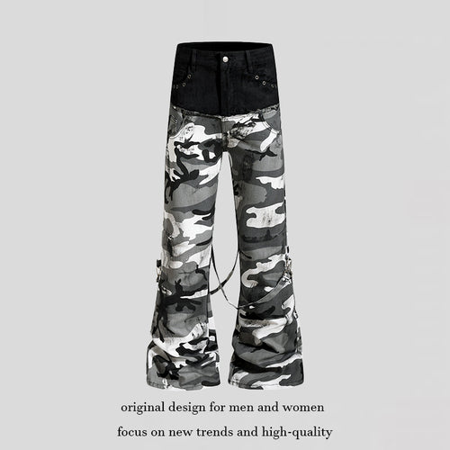 Damen Weite High‑Waist Cargohose im Camouflage‑Look mit Bondage‑Riemen Drune