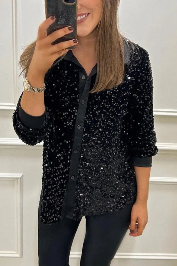 Damen nan glitzernde Pailletten-Hemdbluse mit Kragen, Knopfleiste und elastischen Manschetten Drune