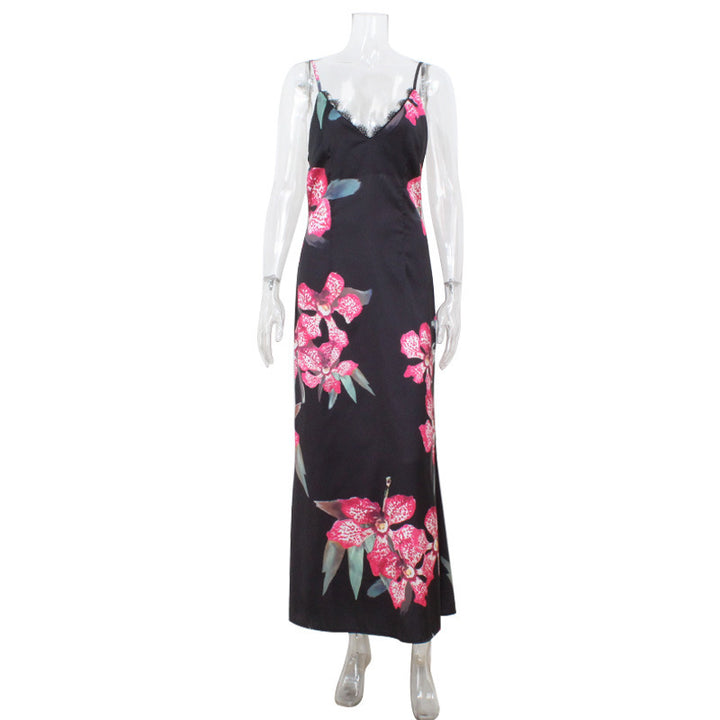 Damen Maxikleid mit floralem Seiden-Effekt und feinen Spaghettiträgern Drune