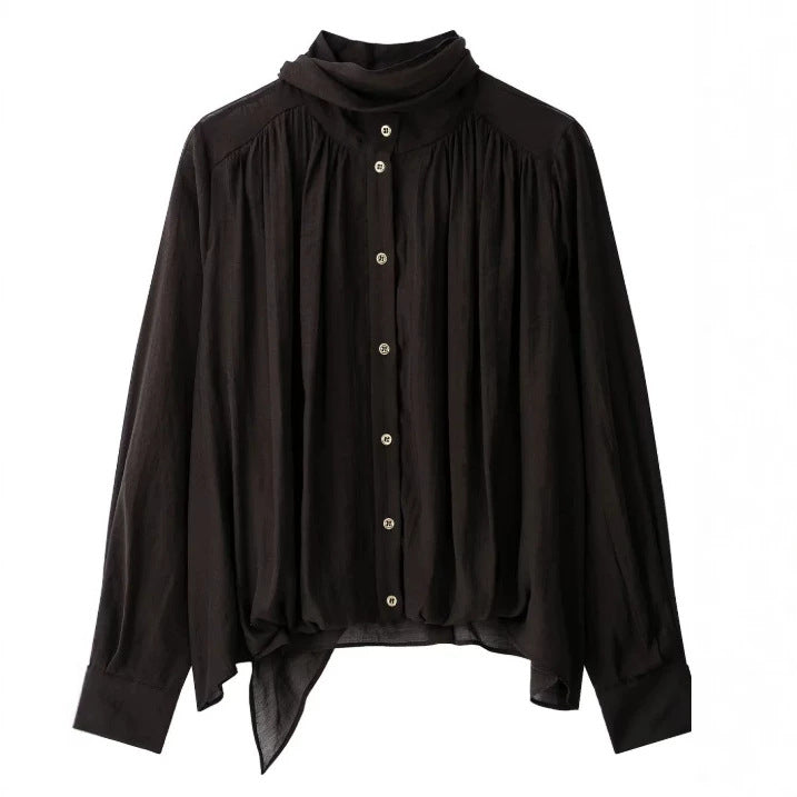 Damen Locker fallende Chiffon‑Bluse mit Schalkragen, Knopfleiste und Ballonärmeln Drune