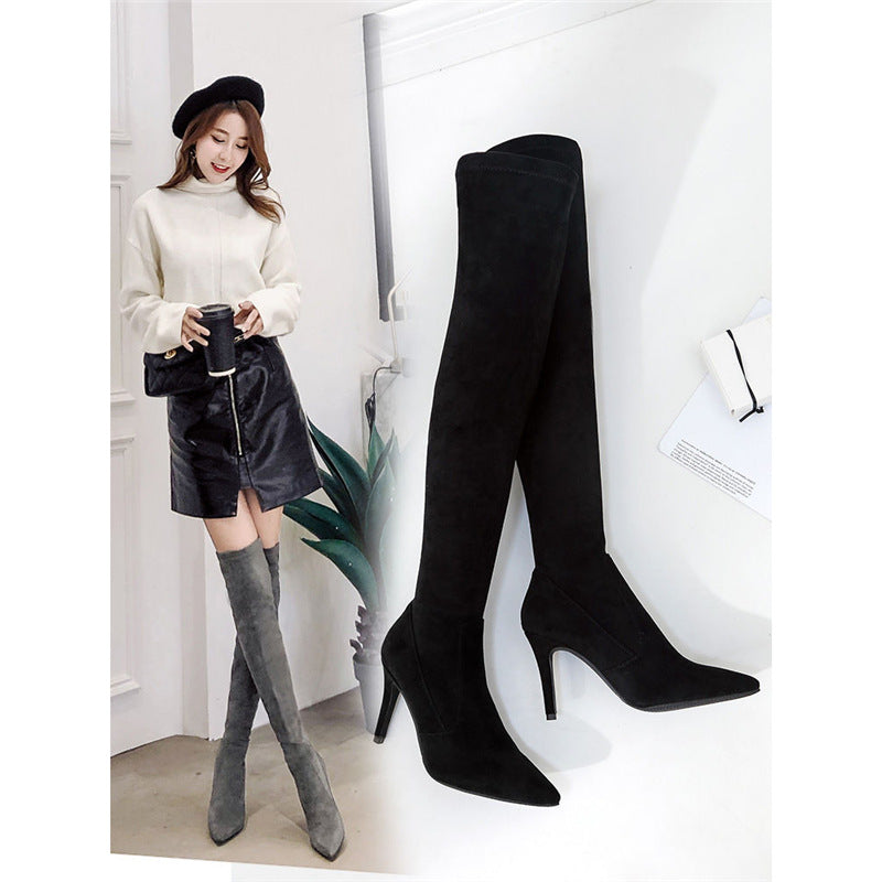 Damen Oberschenkelhohe Stretch-Stiefel mit spitzer Zehenform und geformtem Stiletto-Absatz Drune