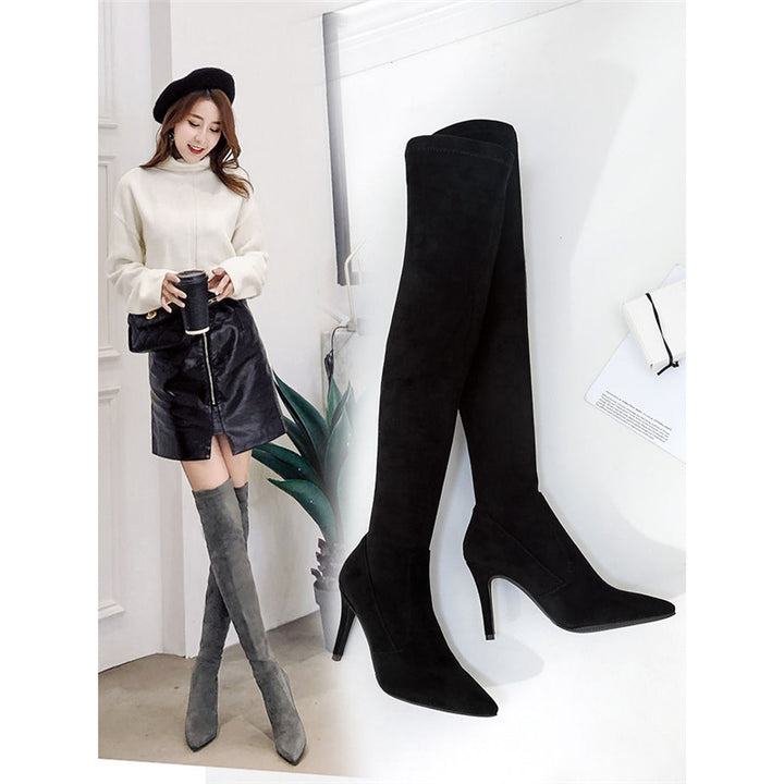 Damen Oberschenkelhohe Stretch-Stiefel mit spitzer Zehenform und geformtem Stiletto-Absatz Drune