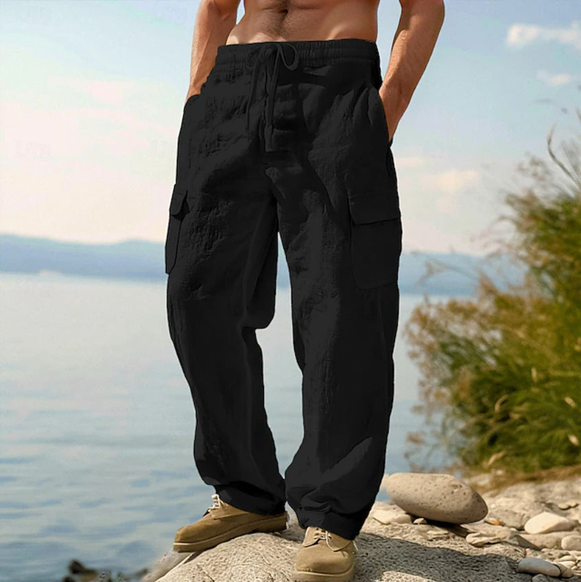 Herren weite Casual-Cargohose aus Leinen-Baumwollmix mit Elastikbund, Tunnelzug und großen Pattentaschen Drune
