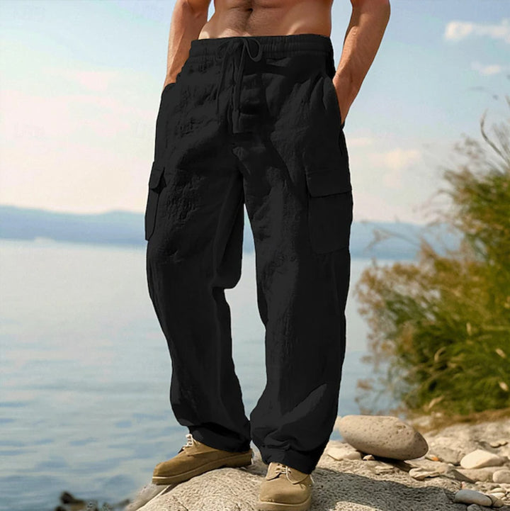Herren weite Casual-Cargohose aus Leinen-Baumwollmix mit Elastikbund, Tunnelzug und großen Pattentaschen Drune