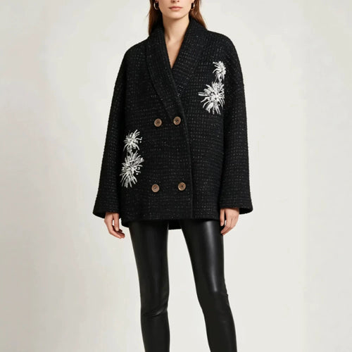 Damen Oversize-Bouclé-Manteljacke mit Schalkragen und floraler Stickerei Drune