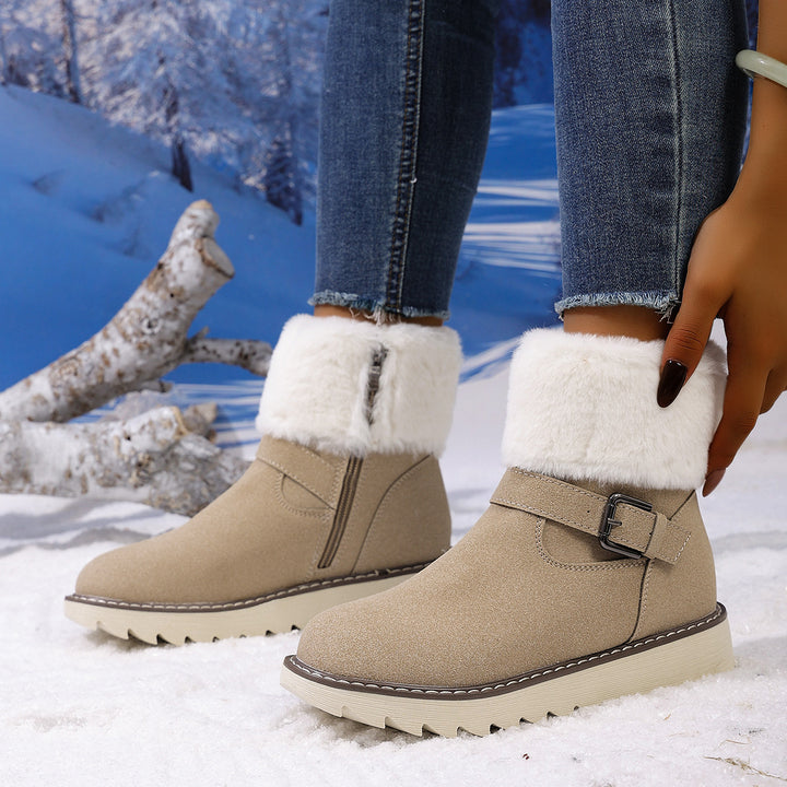 Damen Gefütterte Kurzstiefelette mit Kunstfellkragen, Velours‑Optik und Zierschnalle Drune