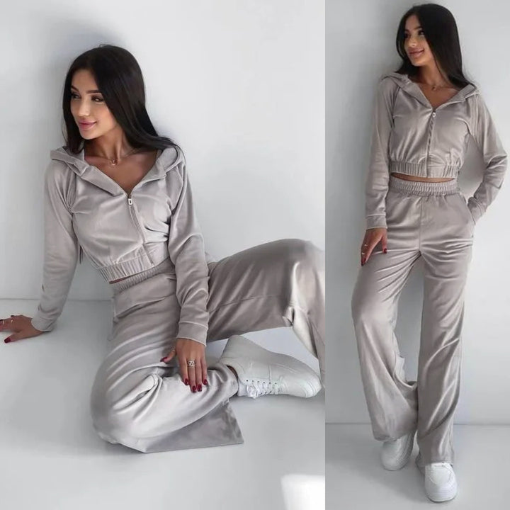 Damen kurz geschnittenes Samt-Lounge-Set mit tailliertem Zip-Hoodie und fließender Highwaist-Palazzohose Drune