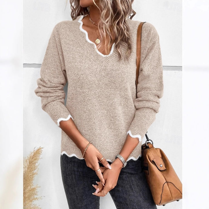 Damen V-Ausschnitt Pullover mit wellenförmigem Saum Drune