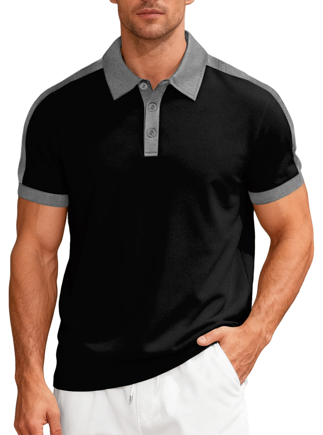 Herren nan Premium-Polo im Retro-Kontrastlook mit Hemdkragen und Dreiknopfleiste Drune