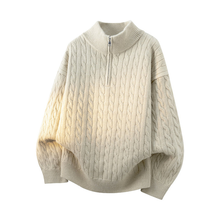 Damen Grobgestrickter Half-Zip Pullover mit Zopfmuster und Stehkragen Drune