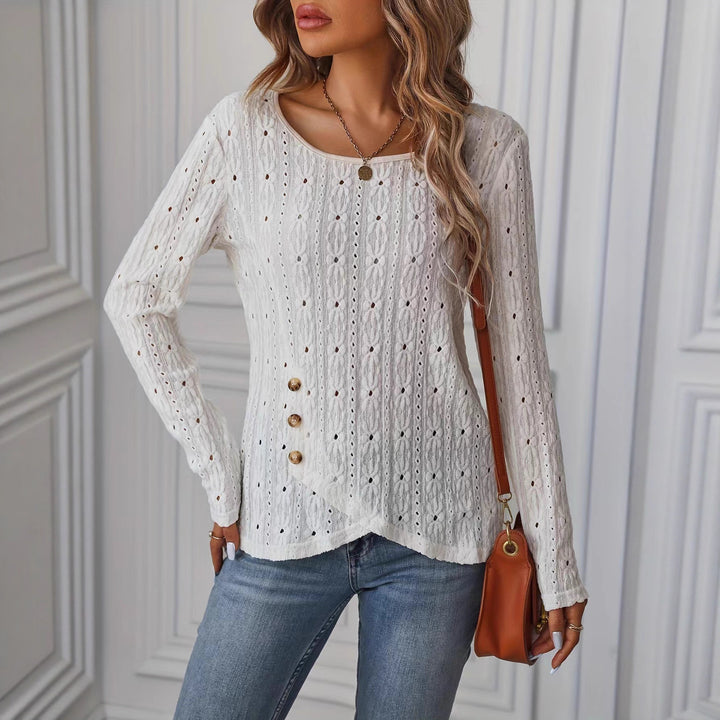 Damen Langarmshirt mit raffiniertem Häkelmuster und Knopfdetails Drune