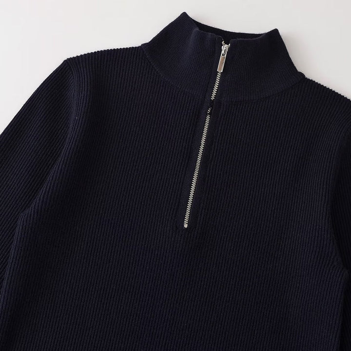 Damen Gerippter Halbzip-Strickpullover mit Stehkragen Drune