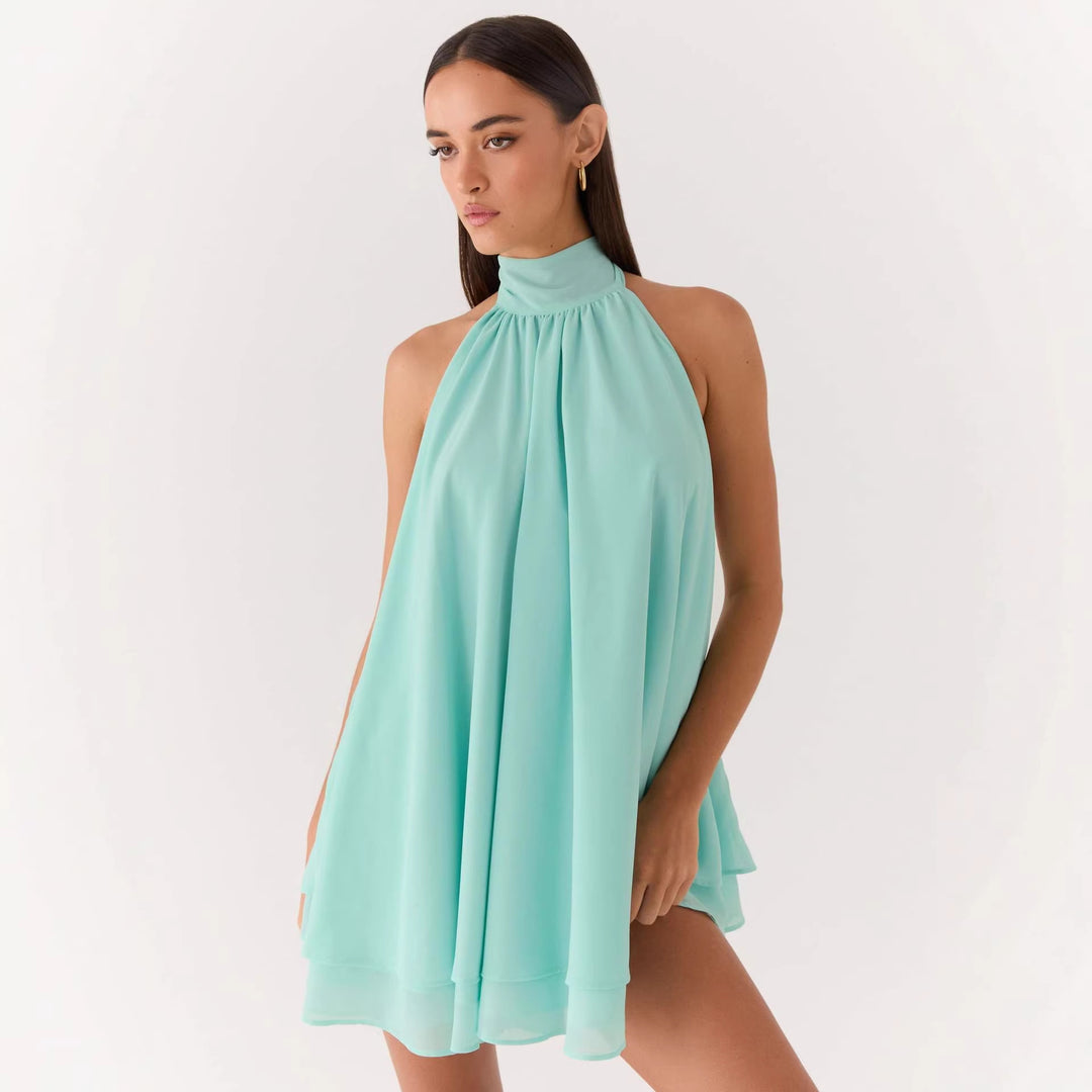 Damen elegantes Hochgeschlossenes Minikleid mit fließendem Stoff und verspieltem Volant Drune