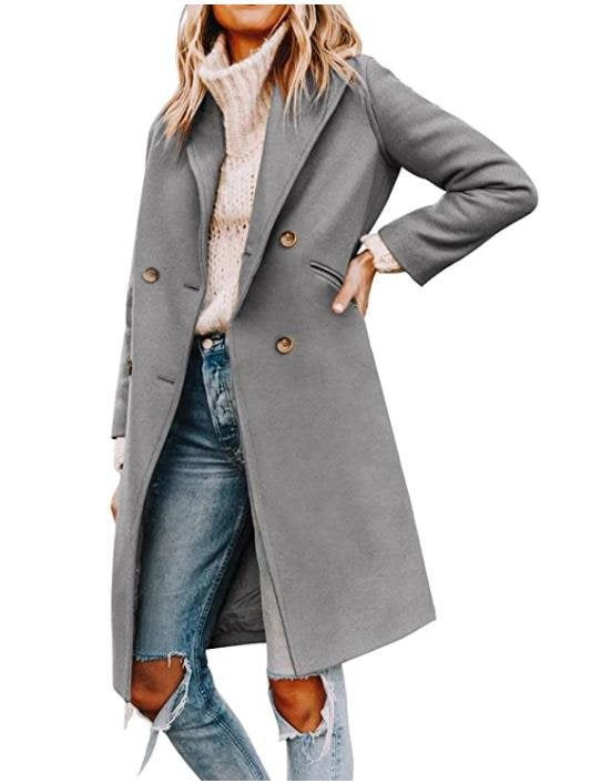 Damen eleganter, klassischer Wollmantel mit doppelter Knopfreihe und praktischen Taschen Drune