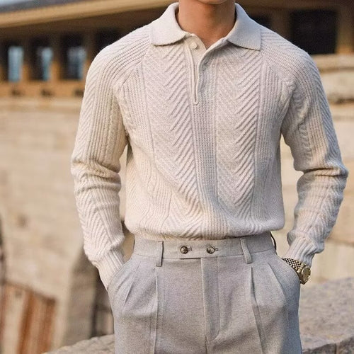 Herren Elegante Grobstrick Pullover mit Knopfleiste Drune