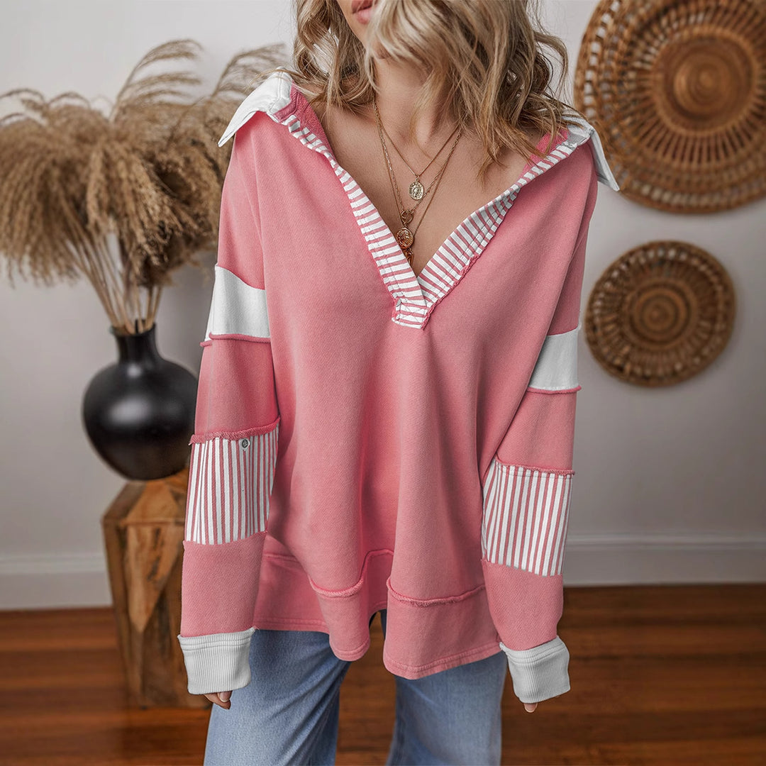 Damen lässiger Pullover mit Hemdkragen und gestreiften Ärmeln Drune