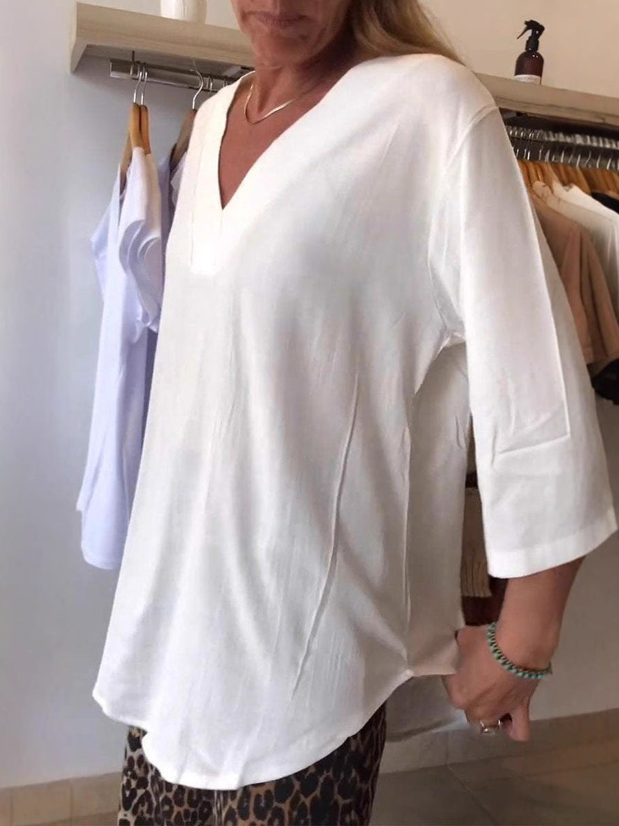 Damen lässiges V-Ausschnitt Shirt mit weiten Ärmeln Drune