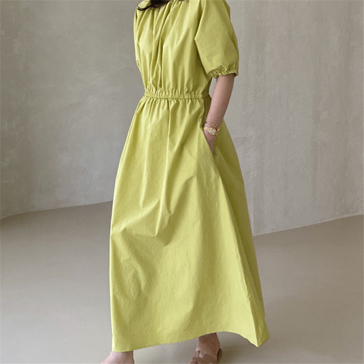 Damen Fließendes Baumwoll-Maxi-Sommerkleid mit elastischem Taillenbund, Puffärmeln und Eingrifftaschen Drune