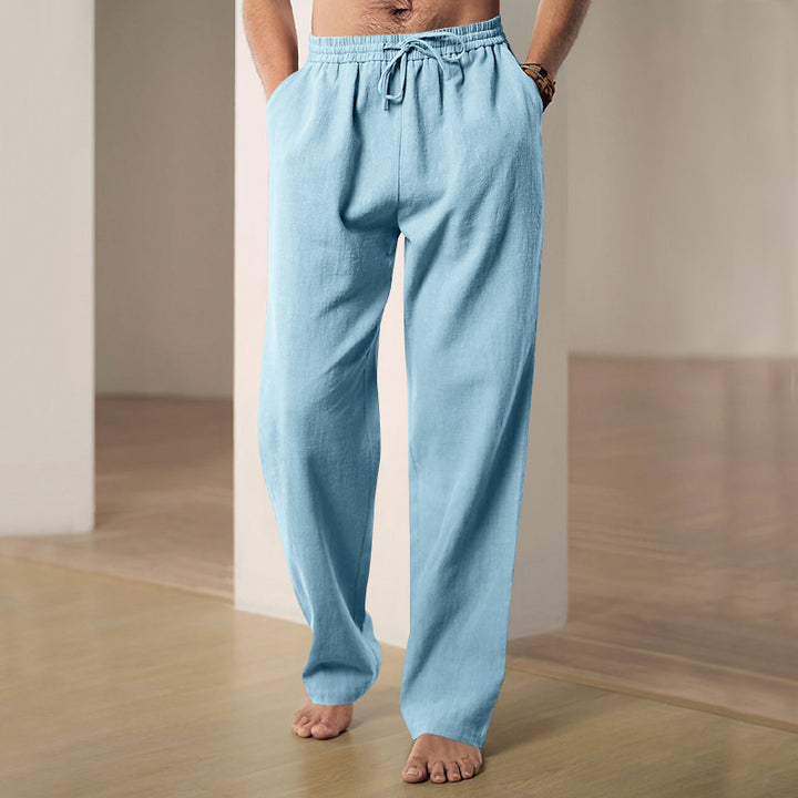 Herren komfortable Leinen-Loungehose mit extra weitem Bein, verstellbarem Kordelbund und atmungsaktiver Sommerqualität Drune
