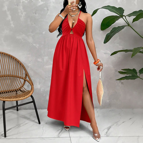 Damen Maxikleid mit tiefem V-Ausschnitt und seitlichem Schlitz Drune