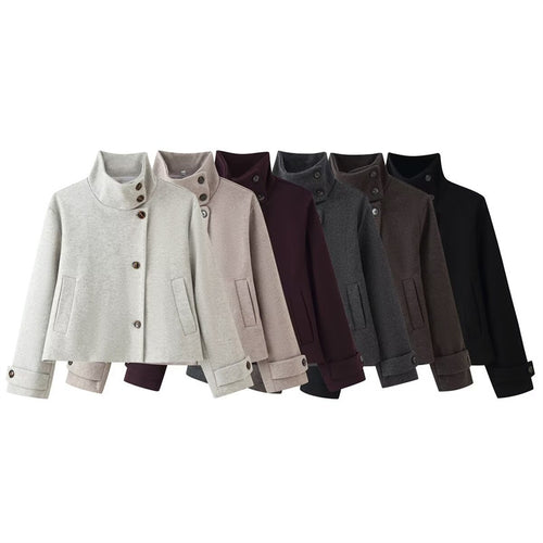 Damen kurze Boxy-Wolljacke mit Stehkragen und Manschetten Drune