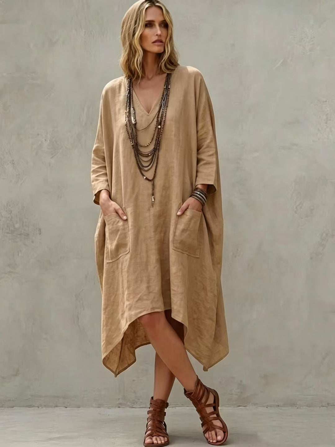 Damen nan Oversize Kaftankleid mit V-Ausschnitt, Eingrifftaschen und asymmetrischem Saum Drune