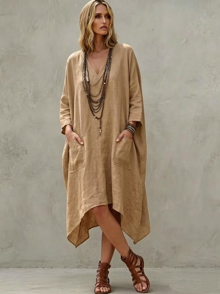 Damen nan Oversize Kaftankleid mit V-Ausschnitt, Eingrifftaschen und asymmetrischem Saum Drune