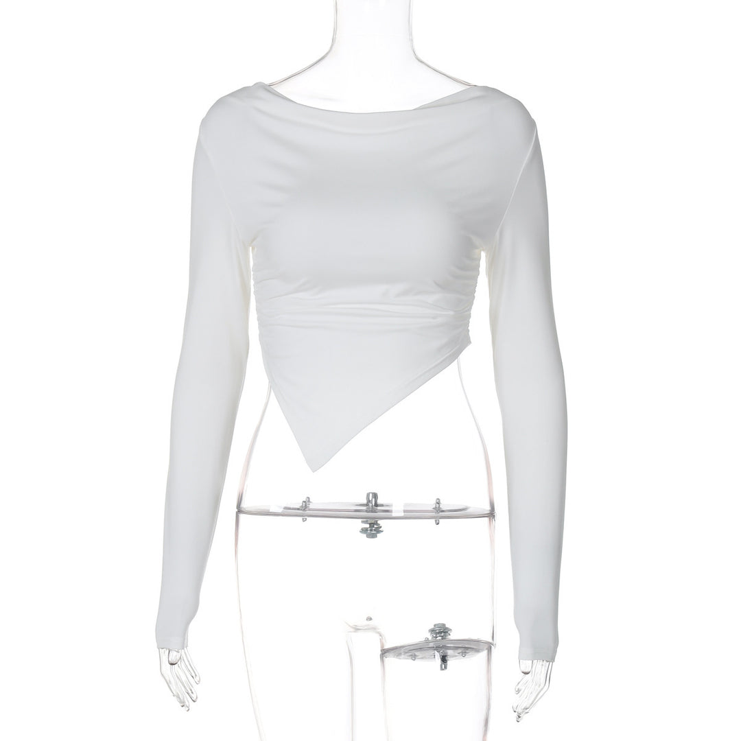 Damen nan asymmetrisches langärmeliges Cropped-Top mit drapiertem Ausschnitt, seitlicher Raffung und spitzem Saum Drune