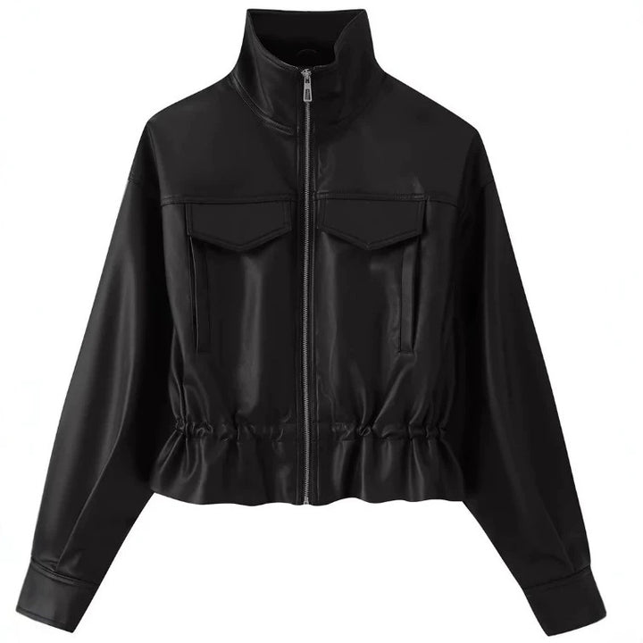 Damen Kurz geschnittener Kunstleder-Blouson mit hohem Stehkragen, Brustpatten und Tunnelzug Drune