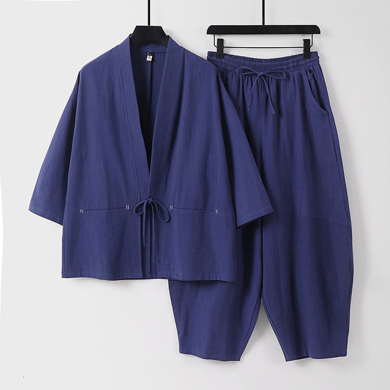 Unisex Modernes Kimono-Lounge-Set aus weichem Baumwollmix mit Kurzjacke, Tunnelzug-Hose und gerafften Knöcheln Drune