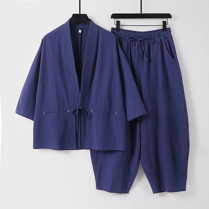 Unisex Modernes Kimono-Lounge-Set aus weichem Baumwollmix mit Kurzjacke, Tunnelzug-Hose und gerafften Knöcheln Drune
