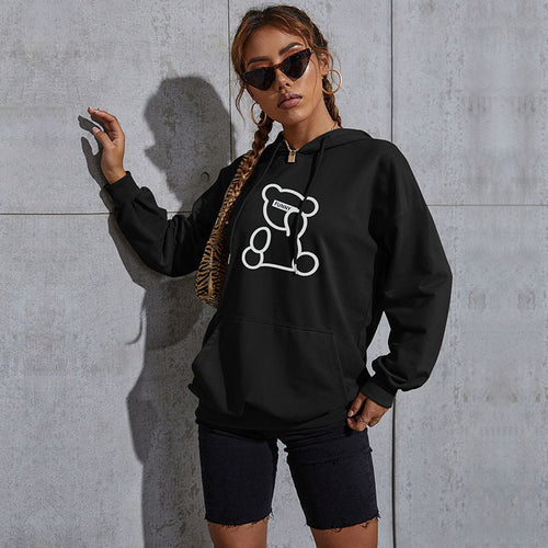 Damen Oversize-Kapuzenpullover mit Teddy-Grafik, Kängurutasche und Tunnelzug Drune