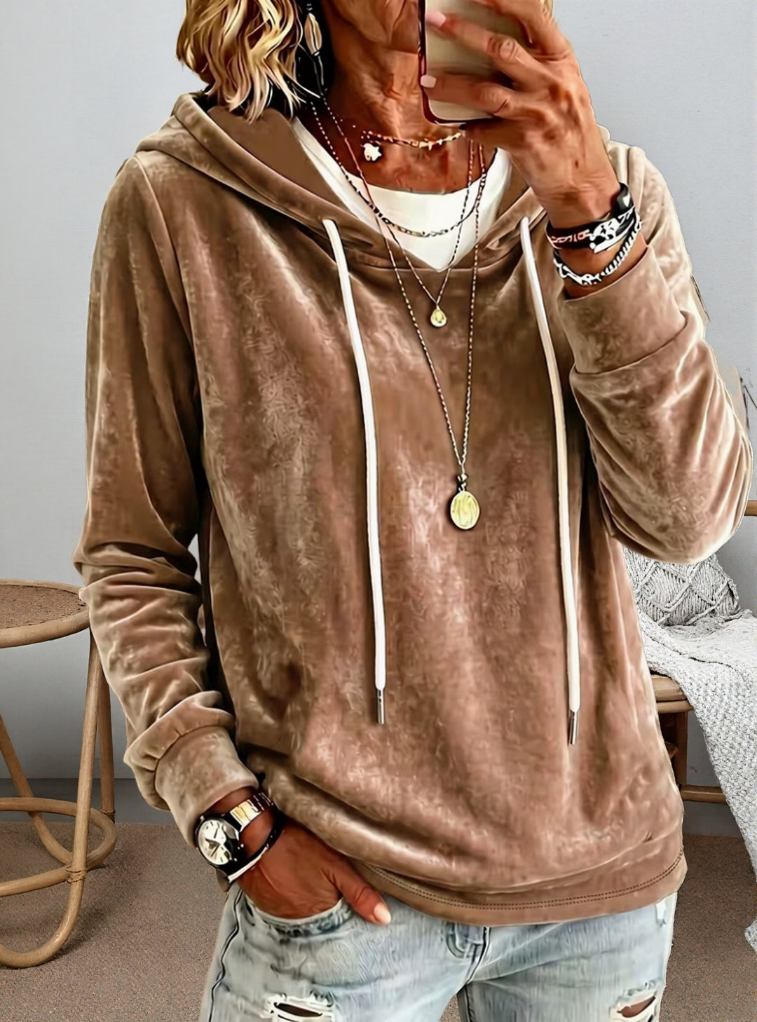 Damen Samtvelours-Hoodie mit Kordelzug und lässiger Oversize-Passform Drune