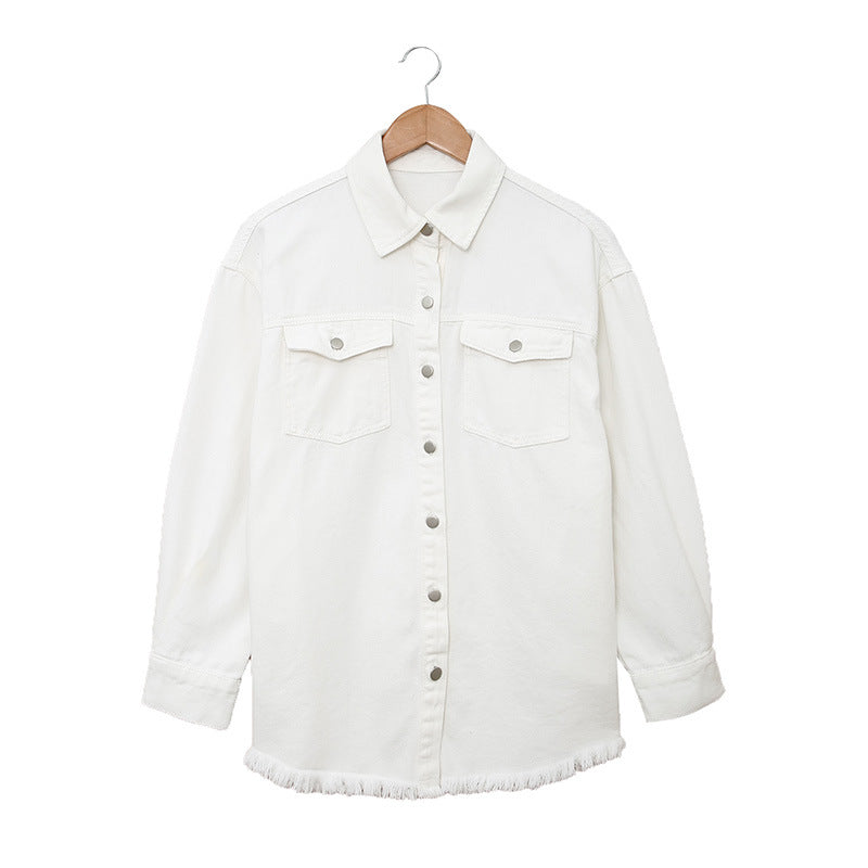 Damen Denim-Hemdjacke mit abgerundetem Saum und abnehmbaren Taschen Drune
