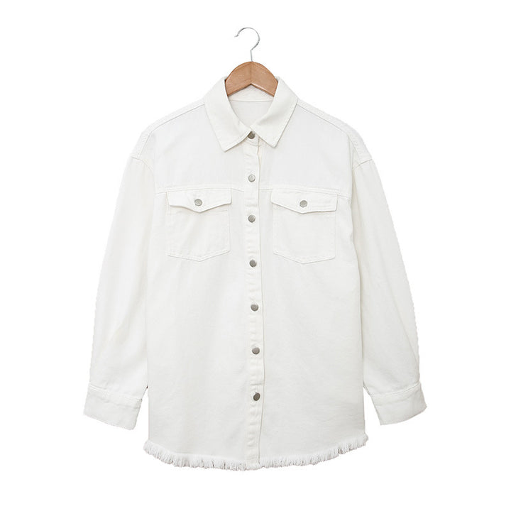 Damen Denim-Hemdjacke mit abgerundetem Saum und abnehmbaren Taschen Drune